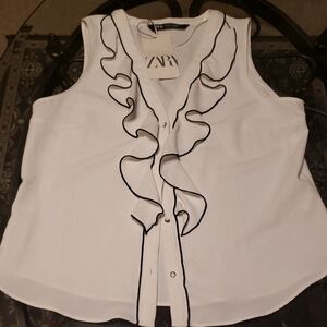 Zara Cream Blouse with Black Ruffle Detail